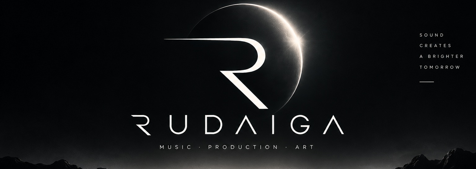 RUDAIGA Logo mit beleuchtetem Halbmond über einer Seenlandschaft